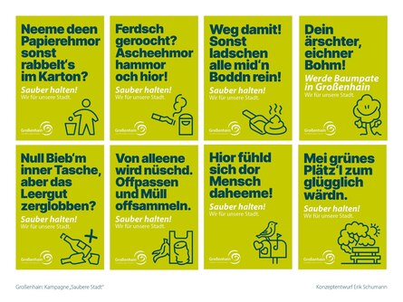 mehrere grüne Plakate, auf denen jeweils im sächsischen Akzent Textzeilen aufgedruckt sind, die zu Verhinderung von Vandalismus und Müllablagerungen dienen sollen.