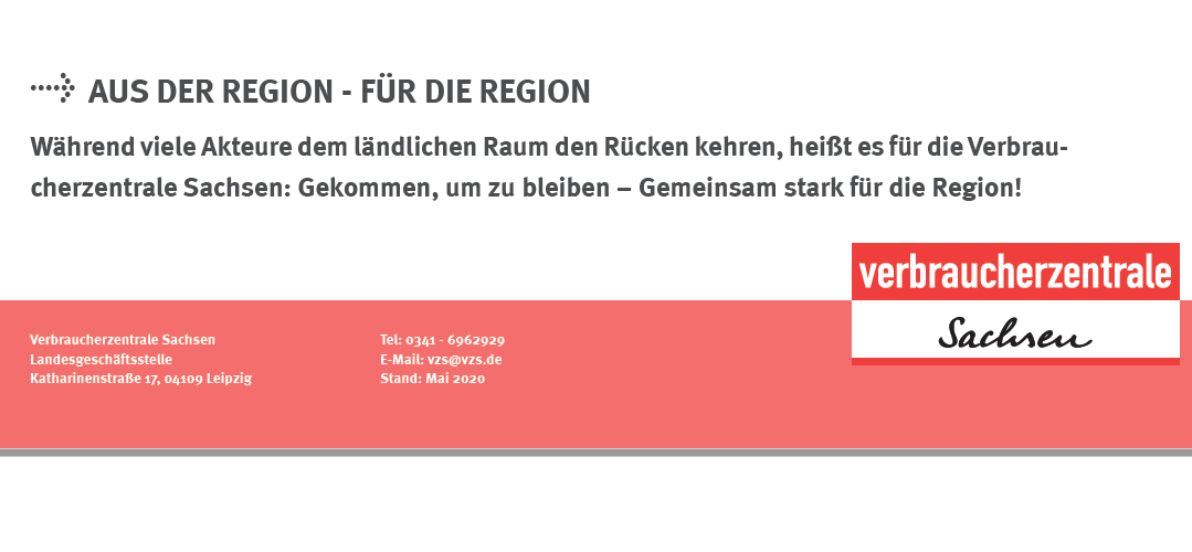 Das Logo der Verbraucherzentrale Sachsen ist abgebildet und die telefonische und schriftliche Erreichbarkeit ist genannt.