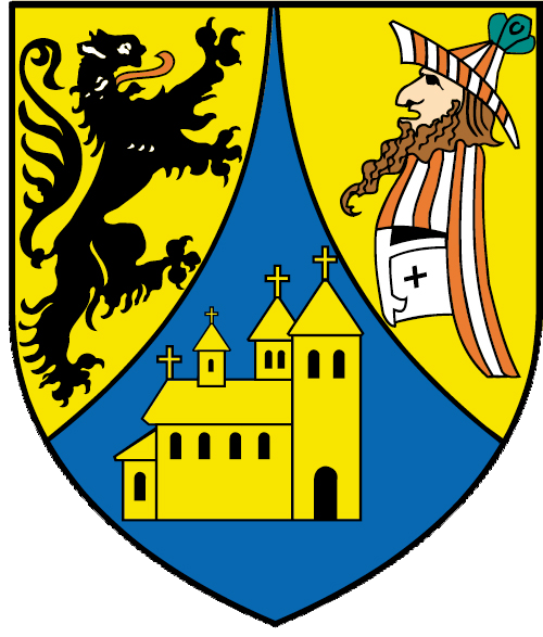 zeigt das Wappen der Stadt Borna, links ein schwarzer Löwe und recht eine Person beides auf gelben Hintergrund, unten ein Piktogramm einer Stadt