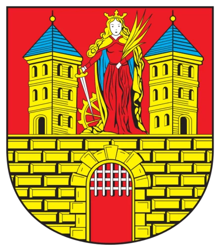 Das Bild zeigt das Stadtwappen der Stadt Frankenberg. In Rot eine goldene Burg mit zwei viereckigen Türmen, Mauer und offenem Tor. Auf der Mauer zwischen den Türmen die heilige Katharina von Alexandrien in goldenem Mantel 
