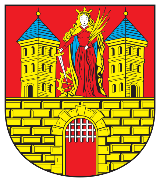 Das Bild zeigt das Stadtwappen der Stadt Frankenberg. In Rot eine goldene Burg mit zwei viereckigen Türmen, Mauer und offenem Tor. Auf der Mauer zwischen den Türmen die heilige Katharina von Alexandrien in goldenem Mantel 