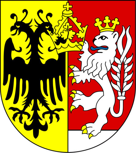Wappen der Stadt Görlitz, Links ein Zweiköpfiger Adler auf gelben Hintergrund, rechts ein Löwe auf rotem Hintergrund