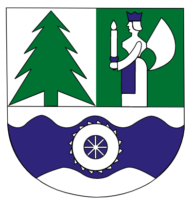 Wappen des Verwaltungsverbands Wildenstein, links eine Tanne, rechts ein Holz Engel unten Wasser mit einem Mühlrad