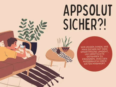 Auf der Zeichnung sieht man eine liegende Person mit Handy auf der Couch. Daneben steht ein Tisch und mehrere Pflanzen.