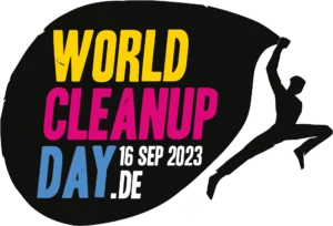 Logo mit dem Schriftzug des World Cleanup Day in gelb, pink und blau.