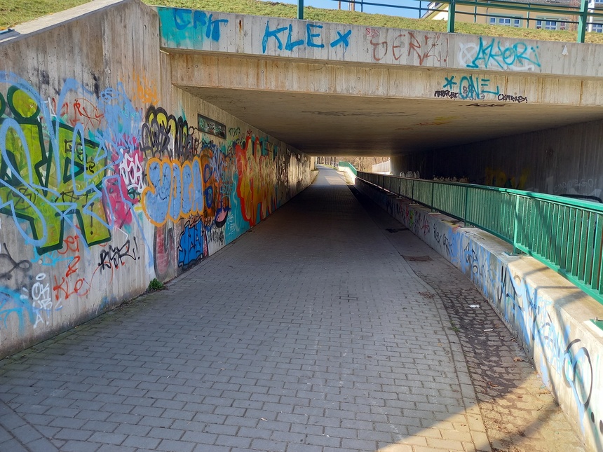 Ein Tunnel ist zu sehen, auf dem mehrere Graffitis abgebildete sind. Das Bild ist in Zwickau entstanden.