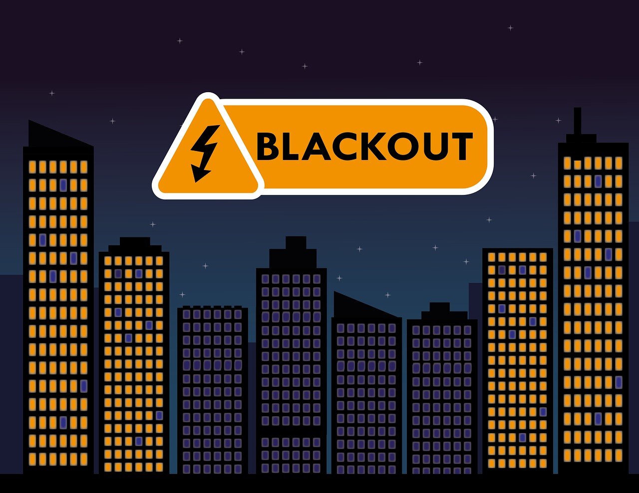 Piktogramm von Hochhäusern, die mittleren Häuser ohne Licht in den Fenstern, Aufschrift: Blackout