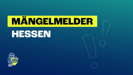 Blauer Hintergrund mit Farbeverlauf nach oben rechts, in schwarzer Aufschrift mit gelben Hintergrund: Mängelmelder Hessen